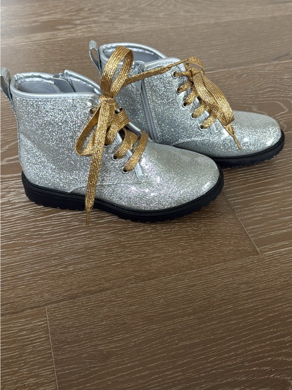 Girls Sparkle Silver Ankle Combat Boots Waterproof  Size 2